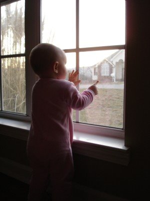 baby looking out window